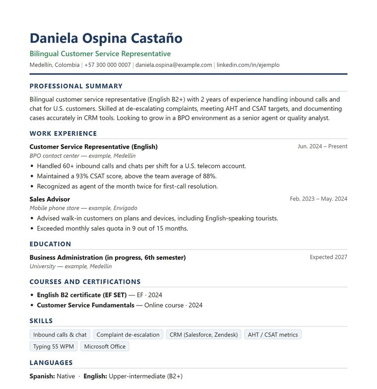 Ejemplo de hoja de vida en inglés para agente bilingüe de call center